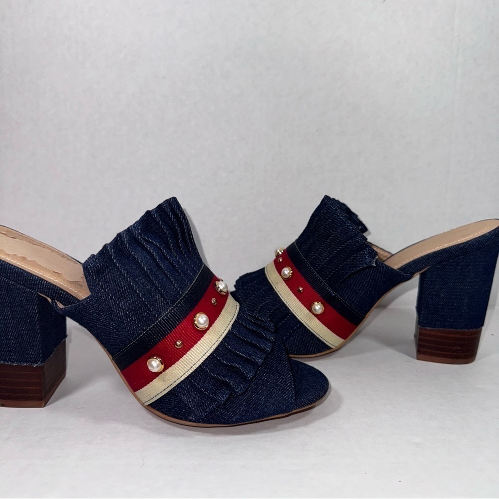 Ashley Stewart Red White Blue Patriotic Denim Slip on Heels 10 Wide 4th of July